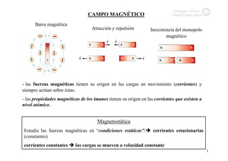 Principios Fisicos
Principios Fisicos
Miguel Tardíío López
Miguel Tard o López

CAMPO MAGNÉTICO
Barra magnética

Atracción y repulsión

Inexistencia del monopolo
magnético

- las fuerzas magnéticas tienen su origen en las cargas en movimiento (corrientes) y
siempre actúan sobre éstas.
- las propiedades magnéticas de los imanes tienen su origen en las corrientes que existen a
nivel atómico.

Magnetostática
Estudia las fuerzas magnéticas en “condiciones estáticas”:
(constantes)
corrientes constantes

corrientes estacionarias

las cargas se mueven a velocidad constante
1

 