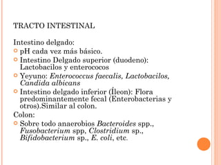 TRACTO INTESTINAL

Intestino delgado:
 pH cada vez más básico.
 Intestino Delgado superior (duodeno):
  Lactobacilos y enterococos
 Yeyuno: Enterococcus faecalis, Lactobacilos,
  Candida albicans
 Intestino delgado inferior (Íleon): Flora
  predominantemente fecal (Enterobacterias y
  otros).Similar al colon.
Colon:
 Sobre todo anaerobios Bacteroides spp.,
  Fusobacterium spp, Clostridium sp.,
  Bifidobacterium sp., E. coli, etc.
 