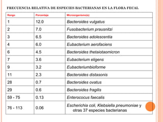 FRECUENCIA RELATIVA DE ESPECIES BACTERIANAS EN LA FLORA FECAL

Rango        Porcentaje    Microorganismo(s)

1            12.0          Bacteroides vulgatus
2            7.0           Fusobacterium prausnitzi
3            6.5           Bacteroides adolescentia
4            6.0           Eubacterium aerofaciens
6            4.5           Bacteroides thetaiotaomicron
7            3.6           Eubacterium eligens
9            3.2           Eubacteriumbioforme
11           2.3           Bacteroides distasonis
28           0.7           Bacteroides ovatus
29           0.6           Bacteroides fragilis
59 - 75      0.13          Enterococus faecalis
                           Escherichia coli, Klebsiella pneumoniae y
76 - 113     0.06
                              otras 37 especies bacterianas
 