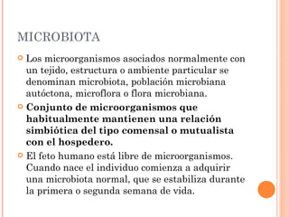 MICROBIOTA
 Los microorganismos asociados normalmente con
  un tejido, estructura o ambiente particular se
  denominan microbiota, población microbiana
  autóctona, microflora o flora microbiana.
 Conjunto de microorganismos que
  habitualmente mantienen una relación
  simbiótica del tipo comensal o mutualista
  con el hospedero.
 El feto humano está libre de microorganismos.
  Cuando nace el individuo comienza a adquirir
  una microbiota normal, que se estabiliza durante
  la primera o segunda semana de vida.
 