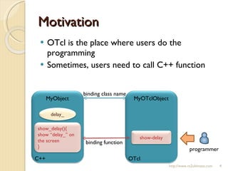 Motivation OTcl is the place where users do the programming Sometimes, users need to call C++ function http://www.ns2ultimate.com MyObject programmer C++ MyOTclObject OTcl binding function binding class name delay_ show_delay(){ show “delay_” on the screen } show-delay 