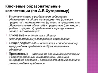 Ключевые образовательные
компетенции (по А.В.Хуторскому)
 В соответствии с разделением содержания
образования на общее метапредметное (для всех
предметов), межпредметное (для цикла предметов или
образовательных областей) и предметное (для каждого
учебного предмета) предлагается трехуровневая
иерархия компетенций:
 Ключевые – относятся к общему
(метапредметному) содержанию образования;
 Общепредметные – относятся к определенному
кругу учебных предметов и образовательных
областей;
 Предметные – частные по отношению к ключевым
и общепредметным компетенциям, имеющие
конкретное описание и возможность формирования в
рамках учебных предметов
 