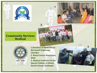 Community Services  Medical  1.Donation of Medicines to Bal Anand Orphanage Chembur 2. Breast Cancer Awareness Walk 3. Medical treatment to the Special Children of Dhanji Devshi School, Ghatkoper 1 2 3 