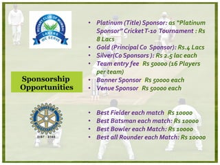 Sponsorship  Opportunities Platinum (Title) Sponsor:  as “Platinum  Sponsor” Cricket T-10  Tournament  : Rs 8 Lacs Gold (Principal Co  Sponsor):  Rs.4 Lacs Silver(Co Sponsors ):  Rs 2.5 lac each Team entry fee :  Rs 50000 (16 Players per team) Banner Sponsor :  Rs 50000 each Venue Sponsor :  Rs 50000 each Best Fielder each match :  Rs 10000 Best Batsman each match:  Rs 10000 Best Bowler each Match:  Rs 10000 Best all Rounder each Match:  Rs 10000 