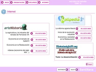 Internet La reforma agraria liberal La agricultura y la industria del reinado de Fernando VII vídeoss (economía del siglo XIX…) Texto: La desamortización Economía en el reinado de Isabel II Economía en la Restauración Inicio de la revolución industrial Economía y sociedad en la Restauración Seguir 