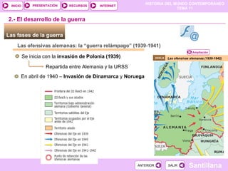 Las fases de la guerra  Las ofensivas alemanas (1939-1942) 2.- El desarrollo de la guerra DOC.8  Las ofensivas alemanas: la “guerra relámpago” (1939-1941) Se inicia con la  invasión de Polonia (1939) Repartida entre Alemania y la URSS En abril de 1940 –  Invasión de   Dinamarca  y  Noruega Ampliación 