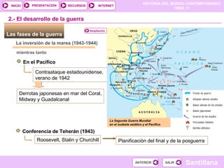 Las fases de la guerra  La inversión de la marea (1943-1944) 2.- El desarrollo de la guerra En el Pacífico Contraataque estadounidense, verano de 1942 Derrotas japonesas en mar del Coral, Midway y Guadalcanal Conferencia de Teherán (1943) Roosevelt, Stalin y Churchill Planificación del final y de la posguerra La Segunda Guerra Mundial  en el sudeste asiático y el Pacífico mientras tanto  Ampliación 