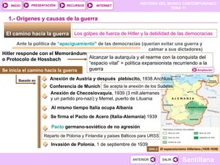 El camino hacia la guerra   Los golpes de fuerza de Hitler y la debilidad de las democracias Ante la política de  “apaciguamiento ” de las democracias (querían evitar una guerra y  calmar a sus dictadores) Se inicia el camino hacia la guerra El expansionismo hitleriano (1935-1939) Alcanzar la autarquía y el rearme con la conquista del “espacio vital” = política expansionista recurriendo a la guerra Hitler responde con el Memorándum o Protocolo de Hossbach Basado en  Conferencia de Munich  Anexión de Checoslovaquia , 1939 (3 mill.alemanes y un partido pro-nazi) y Memel, puerto de Lituania 1.- Orígenes y causas de la guerra Al mismo tiempo Italia ocupa Albania  Se firma el Pacto de Acero (Italia-Alemania)  1939 Pacto  germano-soviético de no agresión Reparto de Polonia y Finlandia y paises Bálticos para URSS Invasión de Polonia , 1 de septiembre de 1939 DOC.2  Se acepta la anexión de los Sudetes Anexión de Austria y después  plebiscito,  1938.Anchluss  Ampliación 