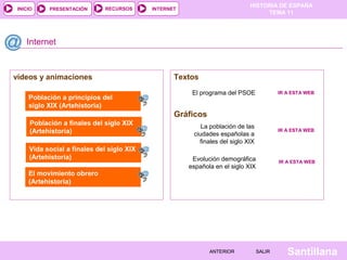 HISTORIA DE ESPAÑA
TEMA 11
RECURSOS INTERNETPRESENTACIÓN
Santillana
INICIO
SALIRSALIRANTERIORANTERIOR
Internet
vídeos y animaciones
Población a principios del
siglo XIX (Artehistoria)
Población a finales del siglo XIX
(Artehistoria)
Vida social a finales del siglo XIX
(Artehistoria)
Textos
Gráficos
El programa del PSOE IR A ESTA WEBIR A ESTA WEB
La población de las 
ciudades españolas a 
finales del siglo XIX
IR A ESTA WEBIR A ESTA WEB
Evolución demográfica 
española en el siglo XIX
IR A ESTA WEBIR A ESTA WEB
El movimiento obrero
(Artehistoria)
 