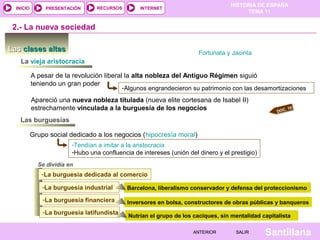 HISTORIA DE ESPAÑA
TEMA 11
RECURSOS INTERNETPRESENTACIÓN
Santillana
INICIO
SALIRSALIRANTERIORANTERIOR
LasLas clases altasclases altas
A pesar de la revolución liberal la alta nobleza del Antiguo Régimen siguió
teniendo un gran poder
2.- La nueva sociedad
-Algunos engrandecieron su patrimonio con las desamortizaciones
Apareció una nueva nobleza titulada (nueva elite cortesana de Isabel II)
estrechamente vinculada a la burguesía de los negocios
La vieja aristocracia
Las burguesías
Grupo social dedicado a los negocios (hipocresía moral)
-Tendían a imitar a la aristocracia
-Hubo una confluencia de intereses (unión del dinero y el prestigio)
Se dividía en
-La burguesía dedicada al comercio-La burguesía dedicada al comercio
-La burguesía industrial-La burguesía industrial Barcelona, liberalismo conservador y defensa del proteccionismo
-La burguesía financiera-La burguesía financiera
-La burguesía latifundista-La burguesía latifundista
Inversores en bolsa, constructores de obras públicas y banqueros
Nutrían el grupo de los caciques, sin mentalidad capitalista
DOC. 10
Fortunata y Jacinta
 