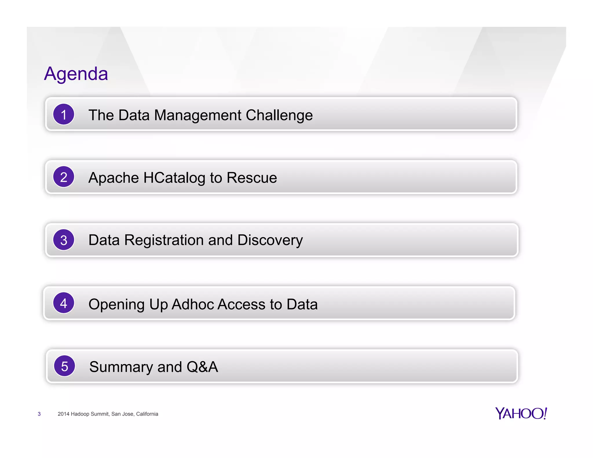 Agenda
3
The Data Management Challenge1
Apache HCatalog to Rescue2
Data Registration and Discovery3
Opening Up Adhoc Access to Data4
Summary and Q&A5
2014 Hadoop Summit, San Jose, California
 
