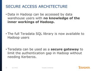 25 6/17/2014 Teradata Confidential
• Data in Hadoop can be accessed by data
warehouse users with no knowledge of the
inner workings of Hadoop.
• The full Teradata SQL library is now available to
Hadoop users
• Teradata can be used as a secure gateway to
limit the authentication gap in Hadoop without
needing Kerberos.
SECURE ACCESS ARCHITECTURE
 