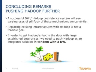 33 6/17/2014 Teradata Confidential
• A successful DW / Hadoop coexistence system will see
varying uses of all four of these mechanisms concurrently.
• Replacing existing infrastructures with Hadoop is not a
feasible goal.
• In order to get Hadoop's foot in the door with large
established enterprises, we need to push Hadoop as an
integrated solution in tandem with a DW.
CONCLUDING REMARKS
PUSHING HADOOP FURTHER
 