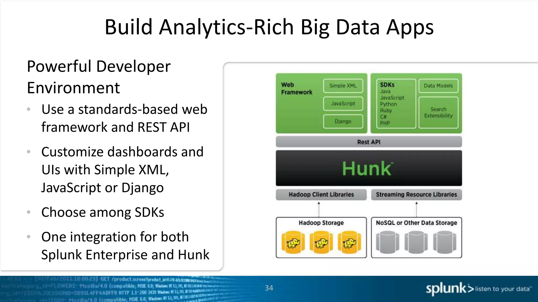 34
Powerful Developer
Environment
• Use a standards-based web
framework and REST API
• Customize dashboards and
UIs with Simple XML,
JavaScript or Django
• Choose among SDKs
• One integration for both
Splunk Enterprise and Hunk
Build Analytics-Rich Big Data Apps
 