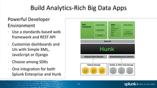 34
Powerful Developer
Environment
• Use a standards-based web
framework and REST API
• Customize dashboards and
UIs with Simple XML,
JavaScript or Django
• Choose among SDKs
• One integration for both
Splunk Enterprise and Hunk
Build Analytics-Rich Big Data Apps
 