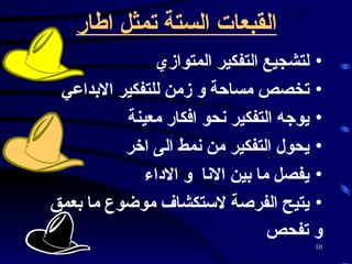 القبعات الستة تمثل اطار   لتشجيع التفكير المتوازي  تخصص مساحة و زمن للتفكير الابداعي  يوجه التفكير نحو افكار معينة  يحول التفكير من نمط الى اخر  يفصل ما بين الانا  و الاداء  يتيح الفرصة لاستكشاف موضوع ما بعمق  و تفحص   
