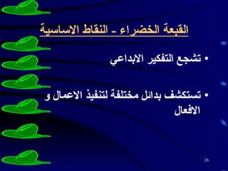 القبعة الخضراء  -  النقاط الاساسية تشجع التفكير الابداعي  تستكشف بدائل مختلفة لتنفيذ الاعمال و الافعال  