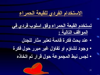 الاستخدام الفردي للقبعة الحمراء   تستخدم القبعة الحمراء وفق اسلوب فردي في المواقف التالية  : عند بحث فكرة قائمة تعتبر مثار للجدل  وجود تشاؤم او تفاؤل غير مبرر حول فكرة  لجس نبط المجموعة حول قرار تم اتخاذه  