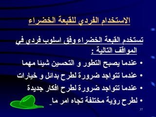الاستخدام الفردي للقبعة الخضراء   تستخدم القبعة الخضراء وفق اسلوب فردي في المواقف التالية  : عندما يصبح التطور و التحسين شيئا مهما عندما تتواجد ضرورة لطرح بدائل و خيارات عندما تتواجد ضرورة لطرح افكار جديدة  لطرح رؤية مختلفة تجاه امر ما   