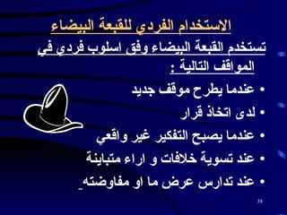 الاستخدام الفردي للقبعة البيضاء   تستخدم القبعة البيضاء وفق اسلوب فردي في المواقف التالية  : عندما يطرح موقف جديد  لدى اتخاذ قرار  عندما يصبح التفكير غير واقعي  عند تسوية خلافات و اراء متباينة  عند تدارس عرض ما او مفاوضته   