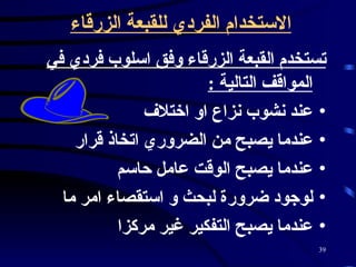 الاستخدام الفردي للقبعة الزرقاء   تستخدم القبعة الزرقاء وفق اسلوب فردي في المواقف التالية  : عند نشوب نزاع او اختلاف  عندما يصبح من الضروري اتخاذ قرار  عندما يصبح الوقت عامل حاسم  لوجود ضرورة لبحث و استقصاء امر ما  عندما يصبح التفكير غير مركزا  