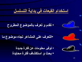 استخدام القبعات في بداية التسلسل تقدم و تعرف بالموضوع المطروح   التعرف على المشاعر تجاه موضوع ما   توفير معلومات عن فكرة جديدة   بحث و استكشاف فكرة محايدة   