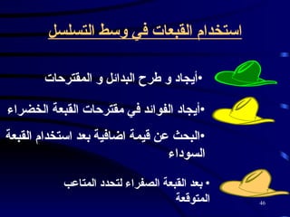 استخدام القبعات في وسط التسلسل أيجاد و طرح البدائل و المقترحات   أيجاد الفوائد في مقترحات القبعة الخضراء   البحث عن قيمة اضافية بعد استخدام القبعة السوداء   بعد القبعة الصفراء لتحدد المتاعب المتوقعة   