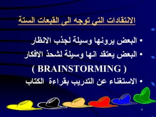 الانتقادات التي توجه الى القبعات الستة   البعض يرونها وسيلة لجذب الانظار   البعض يعتقد انها وسيلة لشحذ الافكار   ( BRAINSTORMING )  الاستغناء عن التدريب بقراءة  الكتاب   