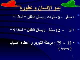 نمو الانسان و تطوره   صفر  - 5  سنوات  :  يسأل الطفل “ لماذا  “ 5  -  12  سنة  :  يسأل الطفل “ لماذا لا  “  12  -  75 :  مرحلة التبرير و اعطاء  الاسباب   (  بسبب   )   