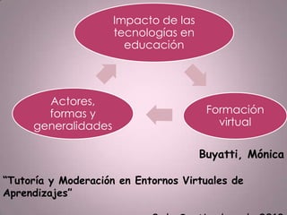 Impacto de las
tecnologías en
educación
Formación
virtual
Actores,
formas y
generalidades
Buyatti, Mónica
“Tutoría y Moderación en Entornos Virtuales de
Aprendizajes”
 