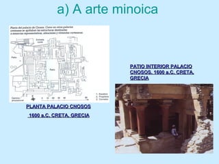 a) A arte minoica
PLANTA PALACIO CNOSOSPLANTA PALACIO CNOSOS
1600 a.C. CRETA. GRECIA1600 a.C. CRETA. GRECIA
PATIO INTERIOR PALACIOPATIO INTERIOR PALACIO
CNOSOS. 1600 a.C. CRETA.CNOSOS. 1600 a.C. CRETA.
GRECIAGRECIA
 
