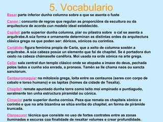 5. Vocabulario
Basa: parte inferior dunha columna sobre a que se asenta o fuste
Canon : conxunto de regras que regulan as proporcións da escultura ou da
arquitectura de acordo cun modelo ideal establecido.
Capitel: parte superior dunha columna, piar ou pilastra sobre o cal se asenta a
arquitrabe.A súa forma e ornamento determinan as distintas ordes da arquitectura
clásica grega na que poden ser: dóricos, xónicos ou corintios.
Cariátide: figura feminina propia de Caria, que a xeito de columna sostén a
arquitrabe. A súa cabeza posúe un elemento que fai de chapitel. Se é portadora dun
cesto na cabeza chámaselle canéfora. Moi usada na orde xónica na arte grega.
Cella: sala central dun templo clásico onde se atopaba a imaxe do deus, pechada
polos lados e cunha sóa enrada, a pronaos. Tamén se lle chama naos ou sancta
sanctorum.
Centauromaquia: na mitoloxía grega, loita entre os centauros (seres con corpo de
cabalo e torso humano) e os lapitas (homes da cidade de Tesalia).
Chapitel: remate apuntado dunha torre como teito moi empinado e puntiagudo,
xeralmente ten unha estructura piramidal ou cónica.
Cimacio: parte superior dunha cornixa. Peza que remata os chapiteis xónico e
corintio e que na arte bizantina se sitúa enriba do chapitel, en forma de pirámide
truncada.
Claroscuro: técnica que consiste no uso de fortes contrates entre as zonas
iluminadas e escuras coa finalidade de resaltar volumes e crear profundidade.
 