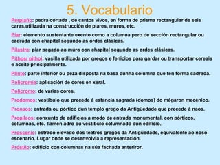 5. Vocabulario
Perpiaño: pedra cortada , de cantos vivos, en forma de prisma rectangular de seis
caras,utilizada na construcción de piares, muros, etc.
Piar: elemento sustentante exento como a columna pero de sección rectangular ou
cadrada con chapitel segundo as ordes clásicas.
Pilastra: piar pegado ao muro con chapitel segundo as ordes clásicas.
Pithos/ pithoi: vasilla utilizada por gregos e fenicios para gardar ou transportar cereais
e aceite principalmente.
Plinto: parte inferior ou peza disposta na basa dunha columna que ten forma cadrada.
Policromía: aplicación de cores en xeral.
Polícromo: de varias cores.
Prodomos: vestíbulo que precede á estancia sagrada (domos) do mégaron mecénico.
Pronaos: entrada ou pórtico dun templo grego da Antigüedade que precede á naos.
Propileos: conxunto de edificios a modo de entrada monumental, con pórticos,
columnas, etc. Tamén adro ou vestíbulo columnado dun edificio.
Proscenio: estrado elevado dos teatros gregos da Antigüedade, equivalente ao noso
escenario. Lugar onde se desenvolvía a representación.
Próstilo: edificio con columnas na súa fachada anteriror.
 