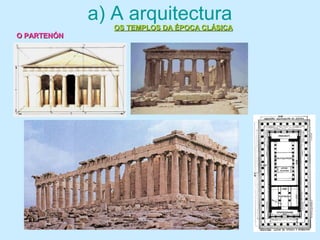 a) A arquitectura
OS TEMPLOS DA ÉPOCA CLÁSICAOS TEMPLOS DA ÉPOCA CLÁSICA
O PARTENÓNO PARTENÓN
 