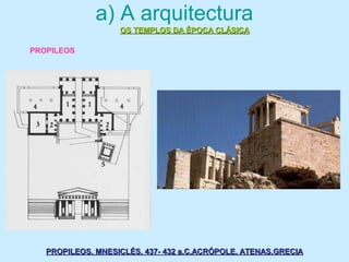 a) A arquitectura
OS TEMPLOS DA ÉPOCA CLÁSICAOS TEMPLOS DA ÉPOCA CLÁSICA
PROPILEOS
PROPILEOS. MNESICLÉS. 437- 432 a.C.ACRÓPOLE. ATENAS.GRECIAPROPILEOS. MNESICLÉS. 437- 432 a.C.ACRÓPOLE. ATENAS.GRECIA
 