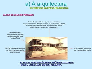 a) A arquitectura
OS TEMPLOS DA ÉPOCA HELENÍSTICAOS TEMPLOS DA ÉPOCA HELENÍSTICA
ALTAR DE ZEUS EN PÉRGAMO. ANÓNIMO.197-159 A.C.ALTAR DE ZEUS EN PÉRGAMO. ANÓNIMO.197-159 A.C.
MUSEO DO ESTADO. BERLÍN. ALEMANIA.MUSEO DO ESTADO. BERLÍN. ALEMANIA.
Podio de sete metros de
alto con escaleira frontal
Friso de máis de dous metros
de altura con escenas de
xigantomaquia
Pórtico de acceso formado por unha columnata
xónica en forma de U de pouco máis de dous metros e medio
co que o efecto perspectívico ao contemplalo desde
abaixo facía que parecera máis elevado
Detrás estaba un
patio de planta cadrada
porticado co altar para
os sacrificios
ALTAR DE ZEUS EN PÉRGAMOALTAR DE ZEUS EN PÉRGAMO
 