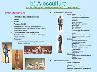 b) A escultura
- Inflencias orientais: exipcias
– Rixidez
– Solidez
– Posición frontal
– Composición: ombros anchos,cintura e
dadeiras estreitas, perna avanzada e brazos
pegados ao corpo
– Desaparece soporte da escultura
– Están traballadas por todos os lados (para
ver ao arredor)
– Tipoloxías:
• Vulto redondo: kouros, koré, figura sedente
• Grupos escultóricos
• Vulto redondo: destacan
– Kouros (kourai)Kouros (kourai)
» Atletas masculinos
» Representan a inmortalidade
» Espidos
» Estáticos
» Un pé adiantado
» Puños pegados ao corpo
» Momunento
» Sen mobilidade
» Sen expresión
» Obedecen a lei de frontalidade
» Longas cabeleiras sobre as
costas
» Curvan cara arriba o labio superior
(intento expersividade) = sorriso
arcaico
– Koré(korai)Koré(korai)
» Doncelas femeninas de pé
» Representan a deusas e
sacerdotisas
» Cubertas con túnicas axustadas
ao corpo
» Aparecen co sorriso arcaico
» Pelo trenzado
» Túnica con dobreces =
movemento
– Figura sedenteFigura sedente
» Relacionada co prototipo exipcio
» Ríxida
» Posición frontal
• Relevos escutóricos
– Figuras en movemento
– Aparecen sobre todo en frontóns, frisos e
metopas
– Temas: batallas ou adoracións
– Axustanse ao espacio que van a decorar
– Figuras en movemento
ESCULTURAS DO PERIODO ARCAICO (776- 481 a.C.)ESCULTURAS DO PERIODO ARCAICO (776- 481 a.C.)
CARACTERÍSTICAS
 