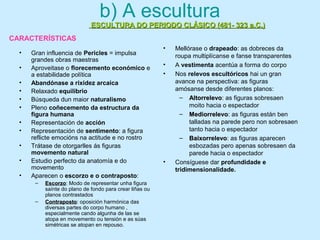 ESCULTURA DO PERIODO CLÁSICO (481- 323 a.C.)ESCULTURA DO PERIODO CLÁSICO (481- 323 a.C.)
b) A escultura
• Gran influencia de Pericles = impulsa
grandes obras maestras
• Aproveitase o florecemento económico e
a estabilidade política
• Abandónase a rixidez arcaica
• Relaxado equilibrio
• Búsqueda dun maior naturalismo
• Pleno coñecemento da estructura da
figura humana
• Representación de acción
• Representación de sentimento: a figura
reflicte emocións na actitude e no rostro
• Trátase de otorgarlles ás figuras
movemento natural
• Estudio perfecto da anatomía e do
movemento
• Aparecen o escorzo e o contraposto:
– EscorzoEscorzo: Modo de representar unha figura
saínte do plano de fondo para crear liñas ou
planos contrastados
– ContrapostoContraposto: oposición harmónica das
diversas partes do corpo humano ,
especialmente cando algunha de las se
atopa en movemento ou tensión e as súas
simétricas se atopan en repouso.
• Mellórase o drapeado: as dobreces da
roupa multiplícanse e fanse transparentes
• A vestimenta acentúa a forma do corpo
• Nos relevos escultóricos hai un gran
avance na perspectiva: as figuras
amósanse desde diferentes planos:
– AltorrelevoAltorrelevo: as figuras sobresaen
moito hacia o espectador
– MediorrelevoMediorrelevo: as figuras están ben
talladas na parede pero non sobresaen
tanto hacia o espectador
– BaixorrelevoBaixorrelevo: as figuras aparecen
esbozadas pero apenas sobresaen da
parede hacia o espectador
• Consíguese dar profundidade e
tridimensionalidade.
CARACTERÍSTICAS
 