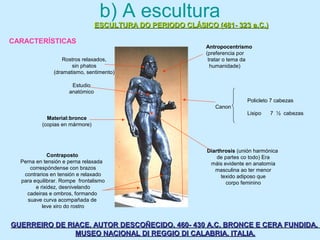 ESCULTURA DO PERIODO CLÁSICO (481- 323 a.C.)ESCULTURA DO PERIODO CLÁSICO (481- 323 a.C.)
b) A escultura
GUERREIRO DE RIACE. AUTOR DESCOÑECIDO. 460- 430 A.C. BRONCE E CERA FUNDIDA.GUERREIRO DE RIACE. AUTOR DESCOÑECIDO. 460- 430 A.C. BRONCE E CERA FUNDIDA.
MUSEO NACIONAL DI REGGIO DI CALABRIA. ITALIA.MUSEO NACIONAL DI REGGIO DI CALABRIA. ITALIA.
Material:bronce
(copias en mármore)
Policleto 7 cabezas
Canon
Lisipo 7 ½ cabezas
Contraposto
Perna en tensión e perna relaxada
correspóndense con brazos
contrarios en tensión e relaxado
para equilibrar. Rompe frontalismo
e rixidez, desnivelando
cadeiras e ombros, formando
suave curva acompañada de
leve xiro do rostro
Diarthrosis (unión harmónica
de partes co todo) Era
máis evidente en anatomía
masculina ao ter menor
texido adiposo que
corpo feminino
Antropocentrismo
(preferencia por
tratar o tema da
humanidade)
Estudio
anatómico
Rostros relaxados,
sin phatos
(dramatismo, sentimento)
CARACTERÍSTICAS
 