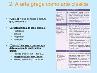 2. A arte grega como arte clásica
• “Clásico”= que pertence á cultura
grega e romana.
• Características de algo clásico:
– Perfección
– Belleza
– Proporción
– Harmonía
• “Clásico” en arte = unha etapa
determinada da civilización
grega.
– Periodo arcaico: 776 – 490 a.C.
– Periodo clásico: 490-323 a.C.Periodo clásico: 490-323 a.C.
– Periodo helenístico: 323-31 a.C.
 