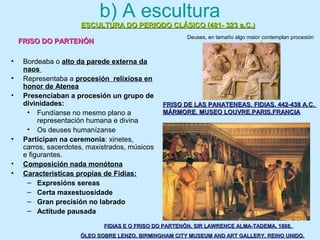 b) A escultura
• Bordeaba o alto da parede externa da
naos
• Representaba a procesión relixiosa en
honor de Atenea
• Presenciaban a procesión un grupo de
divinidades:
• Fundíanse no mesmo plano a
representación humana e divina
• Os deuses humanízanse
• Participan na ceremonia: xinetes,
carros, sacerdotes, maxistrados, músicos
e figurantes.
• Composición nada monótona
• Características propias de Fidias:
– Expresións sereas
– Certa maxestuosidade
– Gran precisión no labrado
– Actitude pausada
ESCULTURA DO PERIODO CLÁSICO (481- 323 a.C.)ESCULTURA DO PERIODO CLÁSICO (481- 323 a.C.)
FRISO DO PARTENÓNFRISO DO PARTENÓN
FRISO DE LAS PANATENEAS. FIDIAS. 442-438 A.C.FRISO DE LAS PANATENEAS. FIDIAS. 442-438 A.C.
MÁRMORE. MUSEO LOUVRE.PARIS.FRANCIAMÁRMORE. MUSEO LOUVRE.PARIS.FRANCIA
Deuses, en tamaño algo maior contemplan procesión
FIDIAS E O FRISO DO PARTENÓN. SIR LAWRENCE ALMA-TADEMA. 1868.FIDIAS E O FRISO DO PARTENÓN. SIR LAWRENCE ALMA-TADEMA. 1868.
ÓLEO SOBRE LENZO. BIRMINGHAM CITY MUSEUM AND ART GALLERY. REINO UNIDO.ÓLEO SOBRE LENZO. BIRMINGHAM CITY MUSEUM AND ART GALLERY. REINO UNIDO.
 