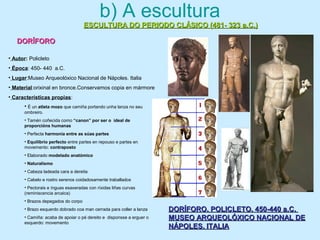 b) A escultura
ESCULTURA DO PERIODO CLÁSICO (481- 323 a.C.)ESCULTURA DO PERIODO CLÁSICO (481- 323 a.C.)
DORÍFORODORÍFORO
DORÍFORO. POLICLETO. 450-440 a.C.DORÍFORO. POLICLETO. 450-440 a.C.
MUSEO ARQUEOLÓXICO NACIONAL DEMUSEO ARQUEOLÓXICO NACIONAL DE
NÁPOLES. ITALIANÁPOLES. ITALIA
• Autor: Policleto
• Época: 450- 440 a.C.
• Lugar:Museo Arqueolóxico Nacional de Nápoles. Italia
• Material:orixinal en bronce.Conservamos copia en mármore
• Características propias:
• É un atleta mozo que camiña portando unha lanza no seu
ombreiro.
• Tamén coñecida como “canon” por ser o ideal de
proporcións humanas
• Perfecta harmonía entre as súas partes
• Equilibrio perfecto entre partes en repouso e partes en
movemento: contraposto
• Elaborado modelado anatómico
• Naturalismo
• Cabeza ladeada cara a dereita
• Cabelo e rostro serenos coidadosamente traballados
• Pectorais e ínguas esaxeradas con ríxidas liñas curvas
(reminiscencia arcaica)
• Brazos depegados do corpo
• Brazo esquerdo dobrado coa man cerrada para coller a lanza
• Camiña: acaba de apoiar o pé dereito e disponsse a erguer o
esquerdo: movemento
 