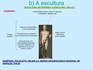 b) A escultura
ESCULTURA DO PERIODO CLÁSICO (481- 323 a.C.)ESCULTURA DO PERIODO CLÁSICO (481- 323 a.C.)
DORÍFORODORÍFORO
DORÍFORO. POLICLETO. 450-440 a.C. MUSEO ARQUEOLÓXICO NACIONAL DEDORÍFORO. POLICLETO. 450-440 a.C. MUSEO ARQUEOLÓXICO NACIONAL DE
NÁPOLES. ITALIANÁPOLES. ITALIA
Características xerais: canon (7 cabezas),
contapposto, diartrosis, etc.
Rasgos
arcaicos:
pelo pouco desarrollado
e moi xeometrizado
Pectorais pouco marcados
con excesiva forma rectangular
Unión de tronco con
extremidades demasiado
marcada ( ademais zona
inguinal son arcos dun
mesmo círculo)
Brazo que se
dobra para
portar xabalina
 