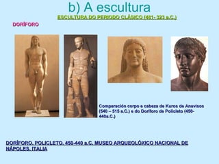 b) A escultura
ESCULTURA DO PERIODO CLÁSICO (481- 323 a.C.)ESCULTURA DO PERIODO CLÁSICO (481- 323 a.C.)
DORÍFORODORÍFORO
DORÍFORO. POLICLETO. 450-440 a.C. MUSEO ARQUEOLÓXICO NACIONAL DEDORÍFORO. POLICLETO. 450-440 a.C. MUSEO ARQUEOLÓXICO NACIONAL DE
NÁPOLES. ITALIANÁPOLES. ITALIA
Comparación corpo e cabeza de Kuros de AnavisosComparación corpo e cabeza de Kuros de Anavisos
(540 – 515 a.C.) e do Doríforo de Policleto (450-(540 – 515 a.C.) e do Doríforo de Policleto (450-
440a.C.)440a.C.)
 