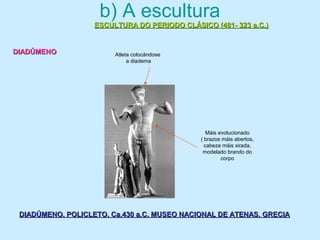 Máis evolucionado
( brazos máis abertos,
cabeza máis xirada,
modelado brando do
corpo
Atleta colocándose
a diadema
b) A escultura
ESCULTURA DO PERIODO CLÁSICO (481- 323 a.C.)ESCULTURA DO PERIODO CLÁSICO (481- 323 a.C.)
DIADÚMENODIADÚMENO
DIADÚMENO. POLICLETO. Ca.430 a.C. MUSEO NACIONAL DE ATENAS. GRECIADIADÚMENO. POLICLETO. Ca.430 a.C. MUSEO NACIONAL DE ATENAS. GRECIA
 