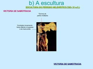 b) A escultura
ESCULTURA DO PERIODO HELENÍSTICO (323- 31 a.C.)ESCULTURA DO PERIODO HELENÍSTICO (323- 31 a.C.)
VICTORIA DE SAMOTRACIAVICTORIA DE SAMOTRACIA
VICTORIA DE SAMOTRACIAVICTORIA DE SAMOTRACIA
Contraste movemento
hacia dilante e roupaxes
e ás hacia atrás
Técnica de
paños mollados
 