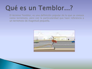 El término Temblor, es una definición popular de lo que se conoce
como terremoto, pero con la particularidad que hace referencia a
un terremoto de magnitud pequeña.

 