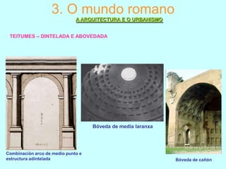 3. O mundo romano
A ARQUITECTURA E O URBANISMO
TEITUMES – DINTELADA E ABOVEDADA

Bóveda de media laranxa

Combinación arco de medio punto e
estructura adintelada

Bóveda de cañón

 