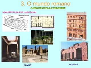3. O mundo romano
A ARQUITECTURA E O URBANISMO
ARQUITECTURAS DE HABITACIÓN

DOMUS

INSULAE

 