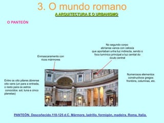3. O mundo romano
A ARQUITECTURA E O URBANISMO
O PANTEÓN

Enmascaramento con
ricos mármores

Entre os oito pilares ábrense
oito vans (un para a entrada,
o resto para os astros
conocidos: sol, luna e cinco
planetas)

No segundo corpo
abríanse vanos con celosía
que aportaban unha luz indirecta, sendo o
foco lumínico principal a luz cenital do
óculo central

Numerosos elementos
constructivos gregos:
frontóns, columnas, etc.

PANTEÓN. Descoñecido.118-125 d.C. Mármore, ladrillo, formigón, madeira. Roma, Italia.

 